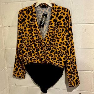 Boohoo wrap chiffon body suit leopard print long sleeve